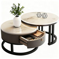 Petite table basse ronde moderne ensemble table à thé gigogne en pierre avec poutre de roche meubles de salon à dessus rond