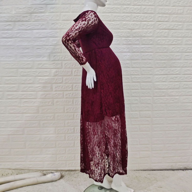 fitted lace wedding dress Burgundy Waist Cap Lace Maternity Dress