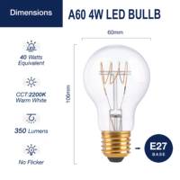 Ampoule LED à filament flexible A60 en verre transparent avec base dorée E26, 4W, 2200K, à intensité variable, style vintage, pour la maison, les cafés et les restaurants