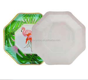 Vente en gros de plats jetables à la mode pour fête d'anniversaire sur le thème des flamants roses d'été avec pochette verte pour le dîner et le dessert - Product Image 1