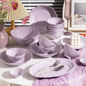 Juego de <span class=keywords><strong>Vajilla</strong></span> de Cerámica en Color Morado Claro con Bordes en Forma de Pétalo, <span class=keywords><strong>para</strong></span> una Decoración de Mesa de Estilo Femenino y Romántico - Product Image 4