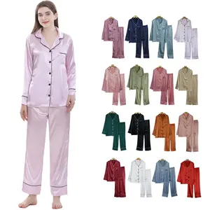 Fornecedor de fábrica por atacado 136 cores pijamas de seda femininos pijamas longos de cetim conjuntos de pijamas