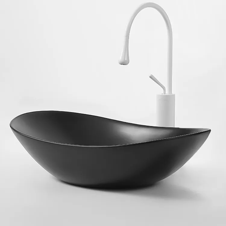 Bacia de mão minimalista em forma de barco, multicolor matte preto moderno lavagem para bancada do hotel