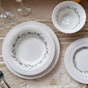 Service de table en céramique gaufrée motif lavande, compatible micro-ondes, assiettes, bols, tasses à café, soucoupes, assiettes à dessert et assiettes à soupe - Product Image 4