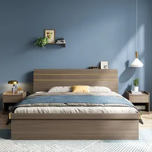 Modern American Style Brown color leather Velvet Fabric Bed wooden frame bed double king for bedroom