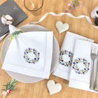 Serviettes en lin brodées à la main avec ourlet festonné, motifs personnalisés, carrées, décoration de restaurant, coussinets thermiques, lavables, réutilisables