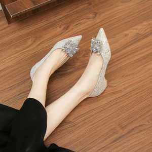 Elegant Pointed Toe Heeled Sandals with Crystal Decoration Mid Heel Internal Lift <b>Height</b> <b>Increasing</b> Bride's Wedding <b>Shoes</b> - Product Image 1