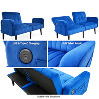Canapé-lit pliable 2 places avec ports USB et poches, multifonctionnel moderne, 3 positions inclinables pour chambres, appartements et petits espaces