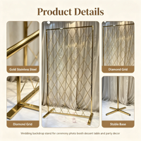 Support de toile de fond professionnel en acier inoxydable doré avec grille diamantée pour décoration florale de mariage et de fête
