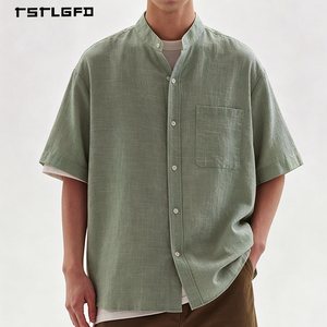 Camisa de Hombre de Lino y Algodón de Manga Corta con Cuello Mandarín, Color Sólido, Casual, Transpirable, Estilo Old Money, Verano - Product Image 2