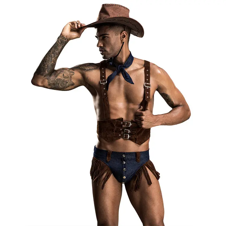 Herren Sexy Dessous Set Rollenspiel Cowboy Uniform Nachtclub Kostüm Outfit Braun One Size