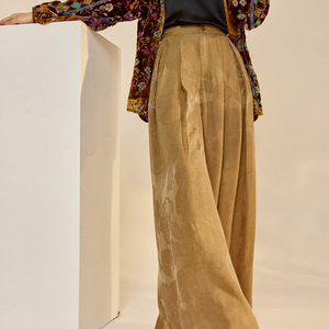 New Chinese Style Early Autumn Loose High Polyester Jacquard Wide-Leg Long <strong>Pants</strong> for Women Gold Weaving Satin Draping N8046 - Product Image 2