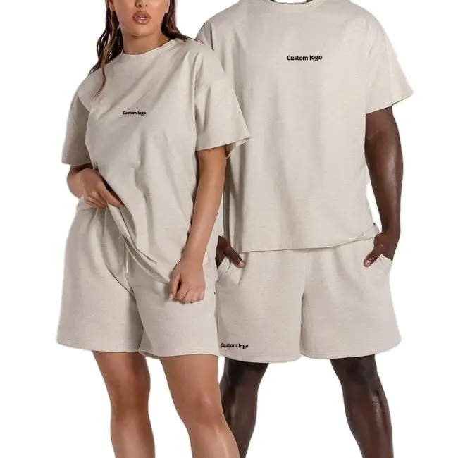 Fabricación OEM camiseta personalizada a granel pareja de gran tamaño en blanco peso pesado Premium algodón pantalones cortos y conjuntos de camisetas