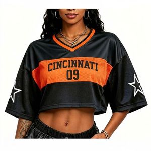 <span class=keywords><strong>Maglia</strong></span> da tifosa dei Bengals retrò a maniche corte in rete, personalizzabile con MOQ basso e consegna rapida, per donna, modello crop top da football americano. - Product Image 3
