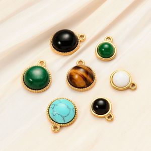 Round Natural Stone Pendant PVD Gold Stainless Steel Charm: Turquoise Onyx for Necklace <b>Bracelet</b> Earring Making - Product Image 5
