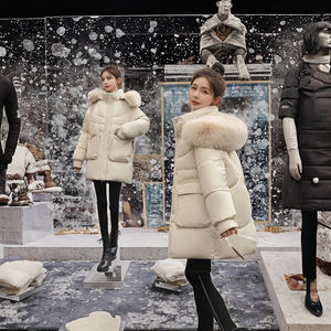 Women Winter Shearling Quilted Coat Large <b>Fur</b> Collar White Duck Filled Thick Wool Lining Eco-Friendly Windproof Loose Fit Midi - Product Image 2