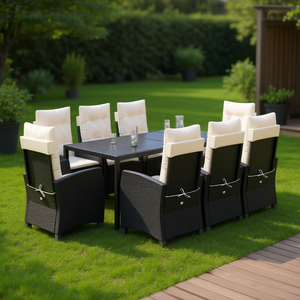 Set da Pranzo da Giardino in Rattan Bianco Crema e Nero per 6 Persone, Resistente alle Intemperie, Design Contemporaneo - Product Image 2
