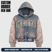 Sweat à capuche zippé bleu personnalisé 480 GSM pour homme, avec sublimation motif fleur de cerisier, appliqué lettres en strass et lettres en relief, coupe oversize pour le streetwear