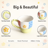 Mug en céramique avec poignée perlée jaune-vert 400 ml, tasse à café à fleurs peinte à la main pour la maison ou le bureau