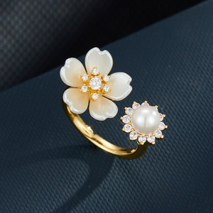 Flower Pearl <b>Open</b> <b>Ring</b> Gold Plated Adjustable Fashion <b>Ring</b> For Party Jewelry - Product Image 1
