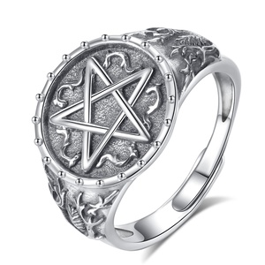 Prix de gros bijoux Vintage argent Sterling 925 ouvert taille réglable anneau pentagramme Wiccan pour hommes - Product Image 1