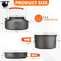 Batterie de cuisine de camping, kit de casseroles antiadhésives, ensemble de bouilloire de 1,1 L avec 2 jeux de tasses en acier inoxydable, assiettes, fourchettes, couteaux et cuillères