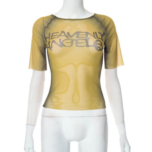 Summer Casual Short Sleeve Wholesale Lady Women Fashion <strong>Mesh</strong> <strong>Crop</strong> <strong>Tops</strong> Letter Print T-Shirt Tshirt Tees Female Women'S T-Shirts - Product Image 2