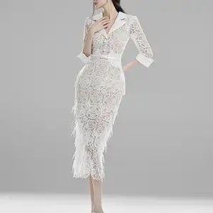 Вьетнамское нишевое 2024 Ранняя весна Новое Элегантное сложное кружевное платье подружки невесты с перьями