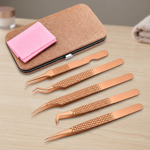 Rose Gold Eyelash Tweezers Set with Case for <b>Lash</b> Extension Beauty Tools Portable Precision Curved Tip Metal Tweezers - Product Image 6