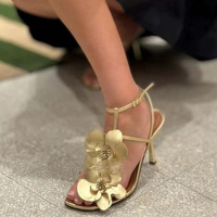 Grande taille 45 3D avant fleur femmes chaussures habillées sexy talons hauts pompes sandales à bout ouvert coupe large cheville t-strap stiletto