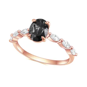 OL0915 Abiding Delicate Fine Jewelry Rose Gold Plated 925 Sterling Silver 6x8 Oval Rutilated Quart Black Stone Finger Rings