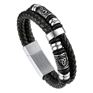 Nuevo Estilo, Brazalete de Acero Inoxidable Electrochapado con Cuerda de Cuero, Estilo Hip-Hop <span class=keywords><strong>para</strong></span> Hombre, Serie Vikinga Nórdica, Venta al Por Mayor, Regalo - Product Image 5