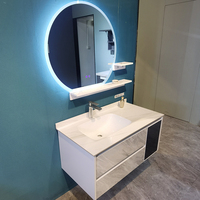 Meuble-lavabo mural moderne en bois massif avec vasque simple en jade blanc (couleur graisse de mouton), vasque à raccordement sans joint, résistant à l'eau
