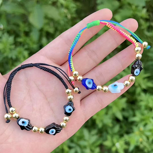 BG1165 Eleganti Braccialetti Macramè Regolabili con 3 Perle Multicolore in Vetro Lampwork, Motivi Floreali, Occhio Turco, Mano di Fatima, Cuore, Fiore e Perline Dorate - Product Image 3