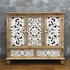 Washed white art carved wooden cabinet home decorative furniture 3 doors 2 drawers vintage storage cabinet