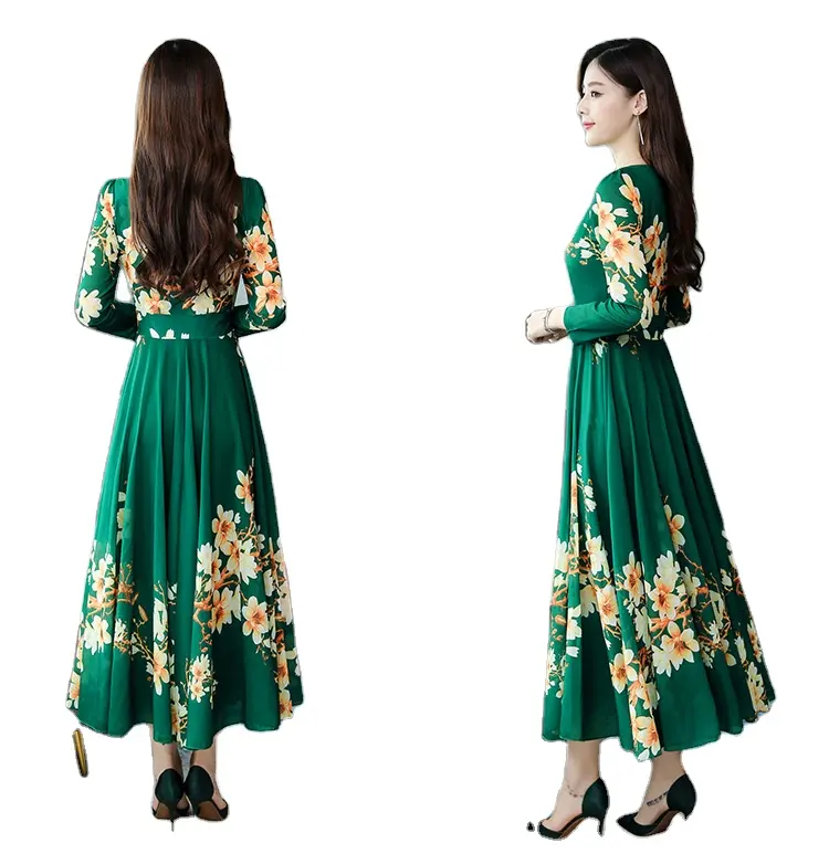 Factory Price Wholesale Women Long Sleeve Dress Elegant Floral Print Casual Cheap Women Dresses For Women
