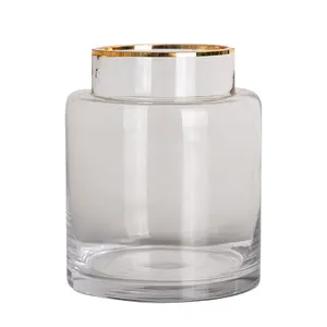 奢华透明玻璃圆形花瓶，带金边厚底玻璃花瓶，用于装饰鲜花