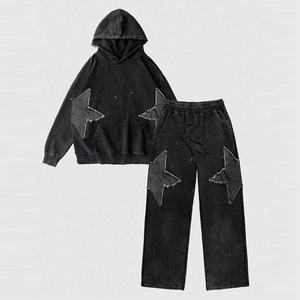 Conjunto de Sudadera con Capucha y Pantalones Deportivos con Cordón, Personalizado con Logotipo, Negro, Sin Forro, de Algodón y Poliéster, con Parche de Estrella, Estilo Vintage Lavado al Ácido - Product Image 1