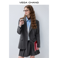 VEGA CHANG Ensemble 2 pièces gris foncé pour femme : Blazer ample à revers crantés et mini-jupe plissée taille haute – Tenue de bureau style preppy