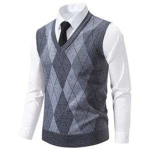 Autumn Winter Classic V Neck Sleeveless Casual Slim Fit Pullover Knitted Sweater <strong>Mens</strong> Argyle Knitwear Vest Tops - Product Image 4