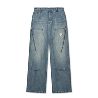 Jean en denim personnalisé pour homme, double épaisseur aux genoux, bleu délavé vintage, coupe ample à jambe large, bords bruts, déchiré, coutures renforcées, vente en gros