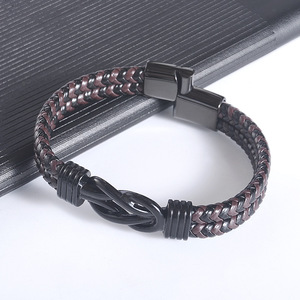 Double Layer Woven Men's <b>Leather</b> <b>Bracelet</b> Brown Stainless Steel Bowknot Gift 7.5 8.5 9 Inches - Product Image 1