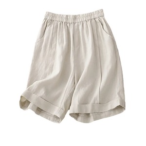 Women's Cotton Linen Bermuda Shorts Elastic High Waist Wide Leg Loose Casual Mid Length Pants Breathable Summer Style - Product Image 5