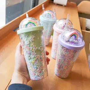 550ml creative rainbow plastic water cup fashionable large capacity ladies straw cup double-layer drinking cups