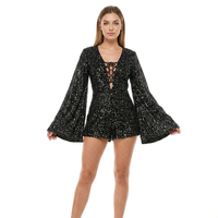 Combinaison courte pour femme en maille brodée de paillettes, col rond, manches à volants, coupe ajustée, décontractée, en spandex, style robe salopette trapèze