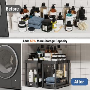 Organiseurs de rangement multifonctionnels en plastique à 2 niveaux, coulissants, pour sous-évier de salle de bain ou de cuisine, avec crochets - Product Image 4