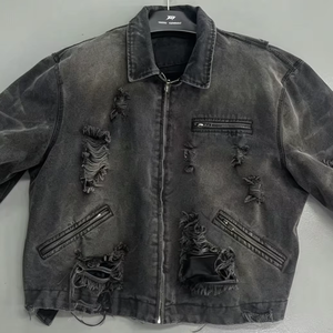 Chaqueta Bomber Personalizada con Estampado de Periódico Desgastado, Estilo Denim Lavado, Cierre Frontal con Cremallera, Servicio OEM - Product Image 1