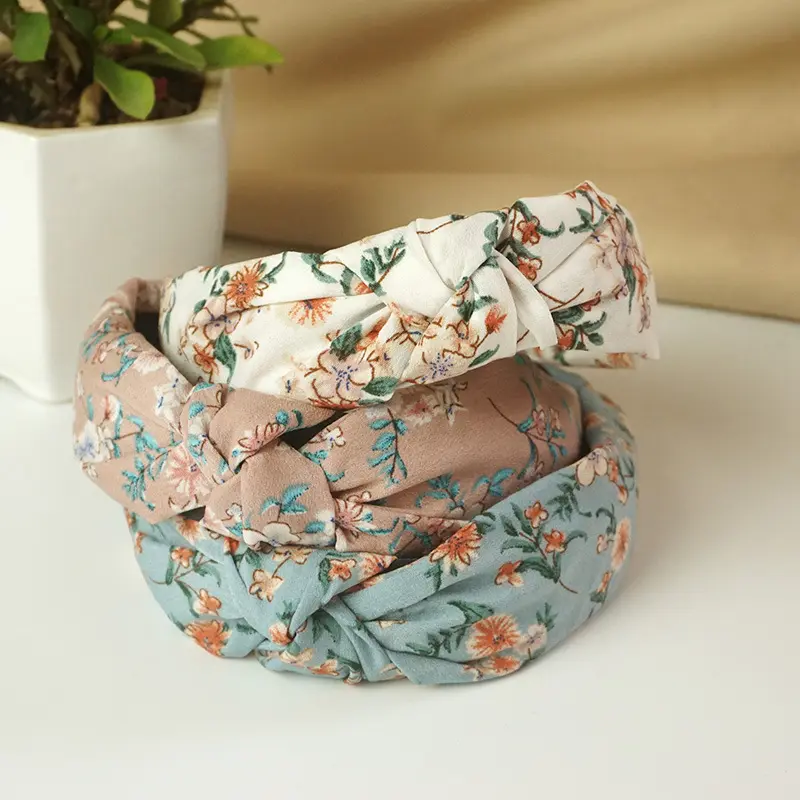 Wholesale Newest Hair Accessories Cute Fashion Floral Headband Wide Cross Knot Hairbands For Women Fabric Head Bands