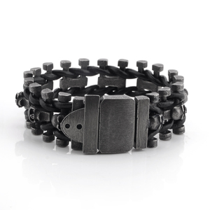 Pulsera de metal de pistola Cadena de eslabones de calavera Brazalete de cuero para hombres Pulsera de cuero genuino de calavera de acero inoxidable - Product Image 6