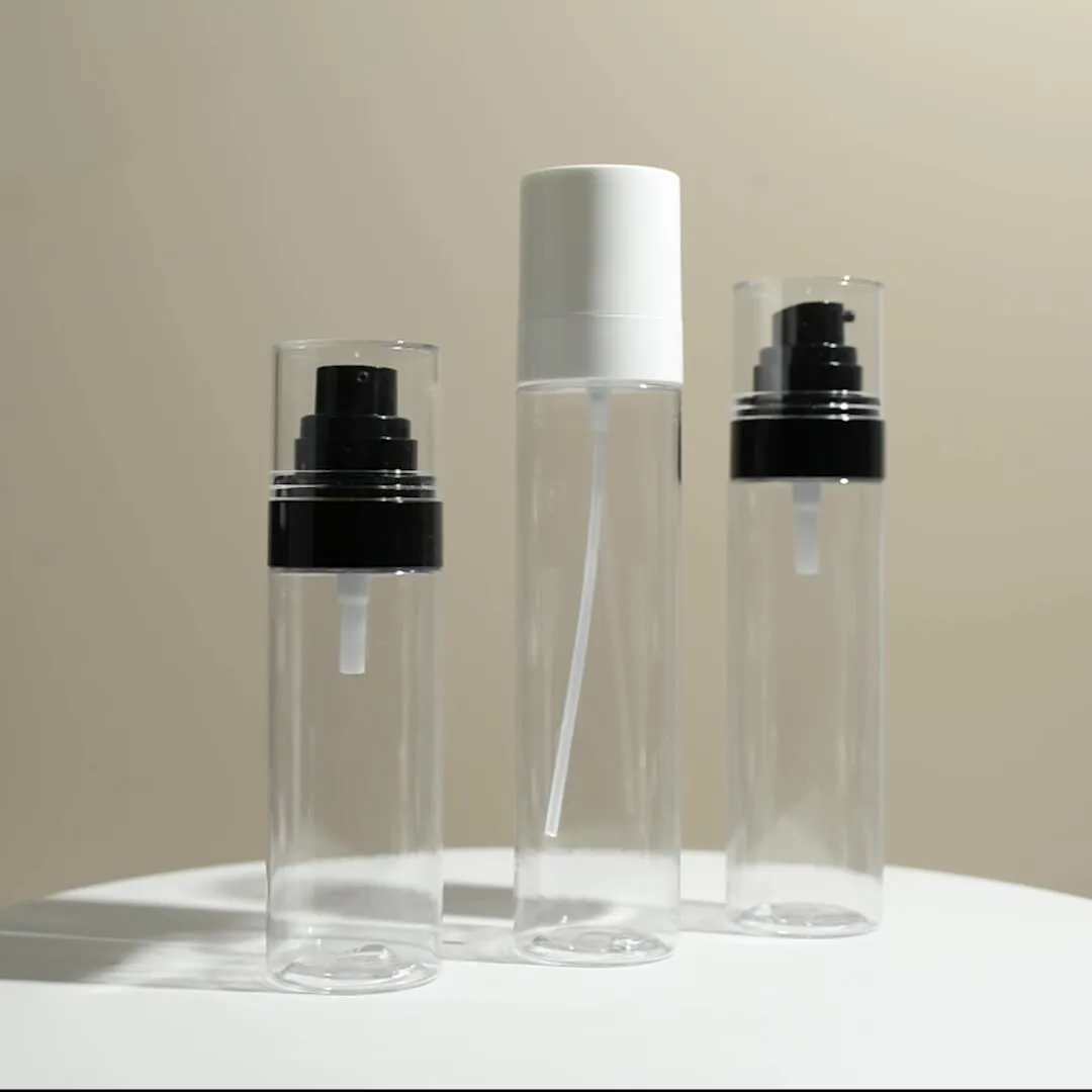 Perfume Spray bottle screen printing nursing cosmetics transparent PET plastic bottle with black and white spray pump